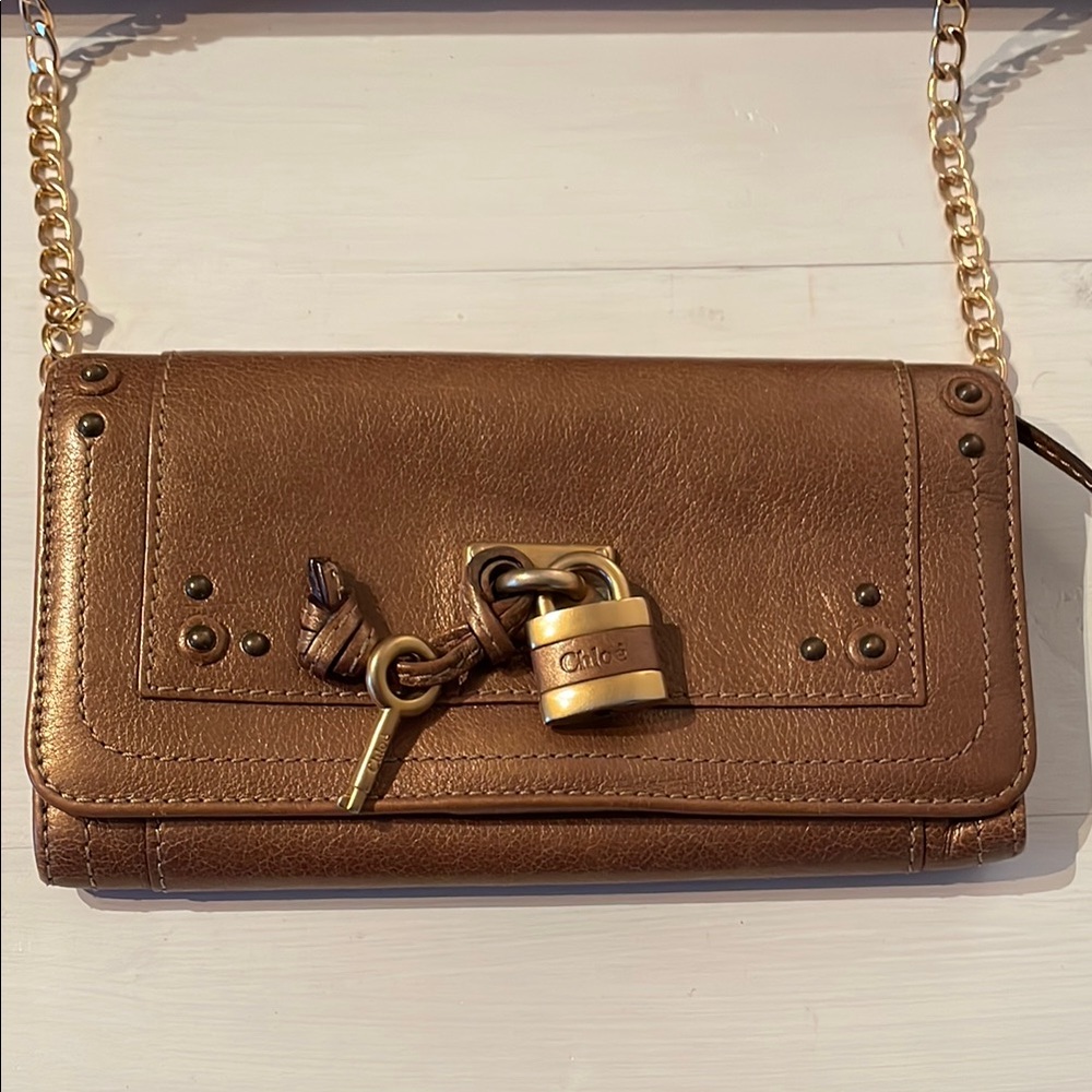 CHLOE Brown Leather Clutch with Gold Chain and Padlock